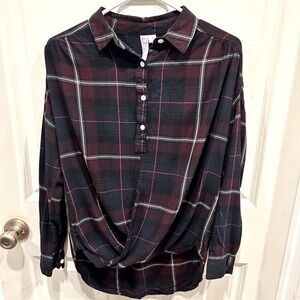 Alya Plaid Button Down Shirt Women Small Navy Burgundy Red Long Sleeve Rayon